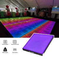 Vibrant rainbow LED dance floor with interactive light effects in a crowded nightclub.