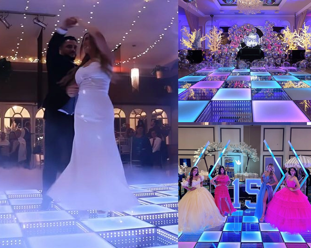 Bride and groom dancing on illuminated LED wedding dance floor