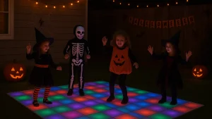 Halloween party with guests dancing on a light up dance floor featuring bright 3D LED effects.