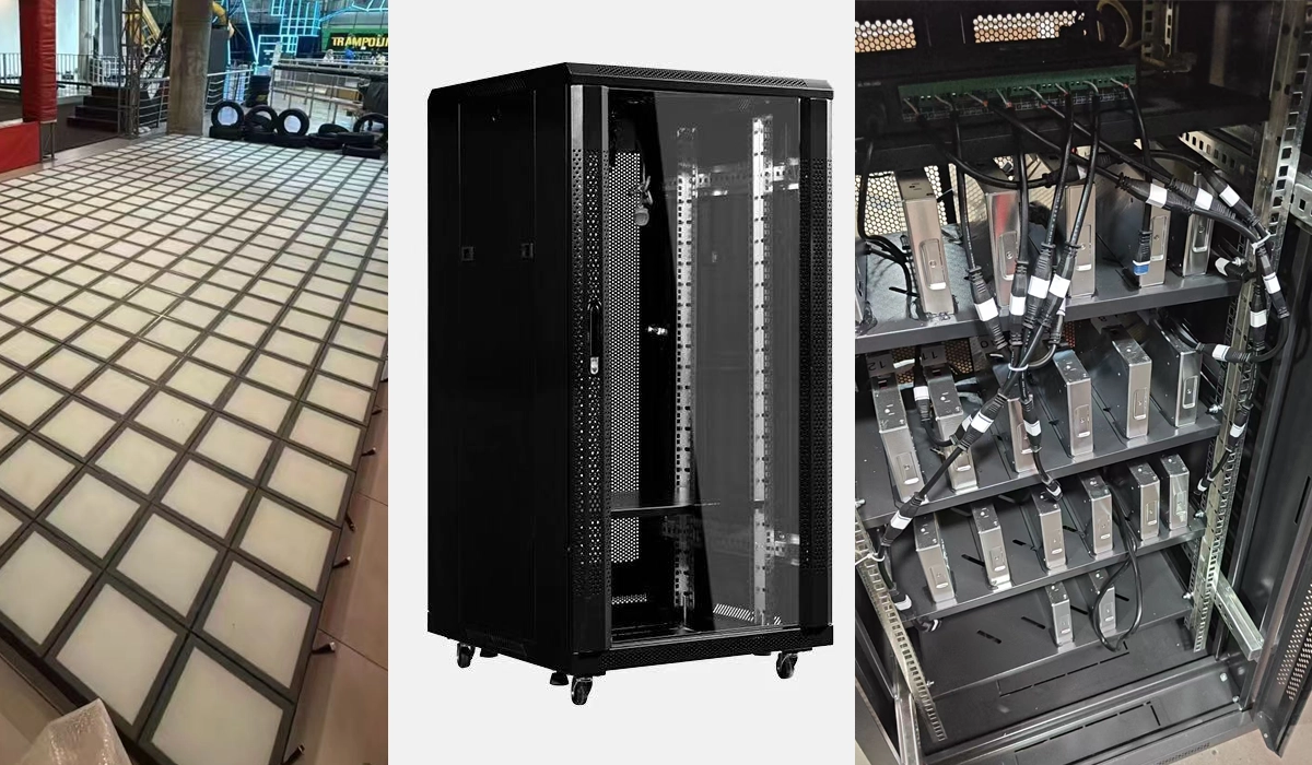 Factory configured power and controller cabinet for interactive floor system