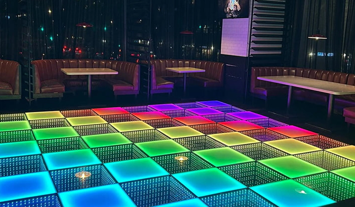 Nightclub LED dance floor installation creating immersive lighting effects for nightlife venues