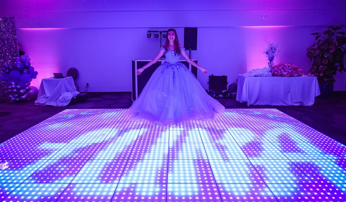 Pixel LED Dance Floor wedding setup with bride and groom first dance