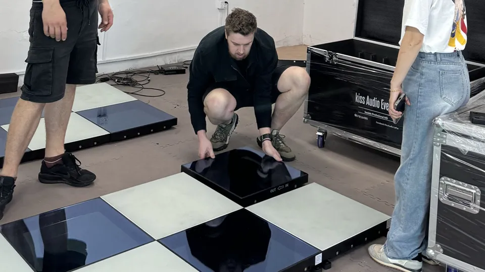 Assembly of modular LED dance floor panels for event setup