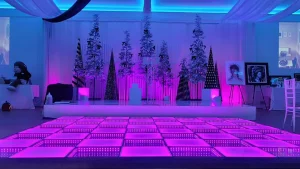 Modern LED dance floor for weddings and events, showing illuminated panels and vibrant colors