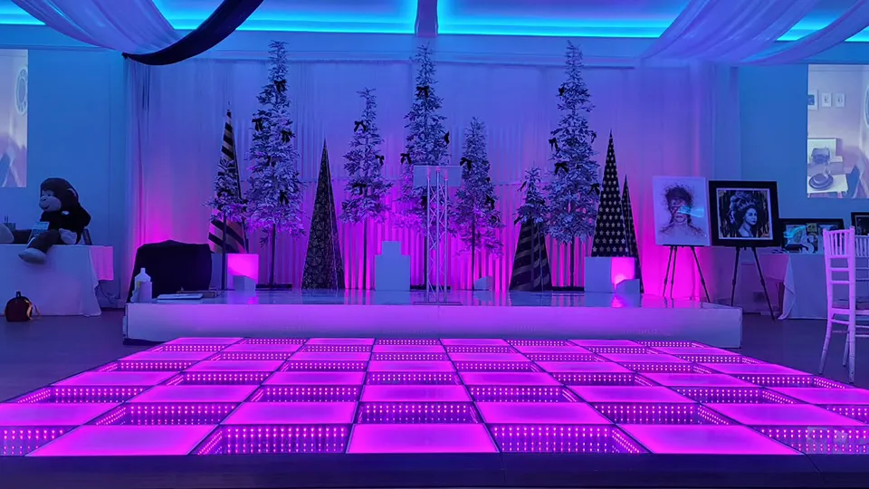 Modern LED dance floor for weddings and events, showing illuminated panels and vibrant colors