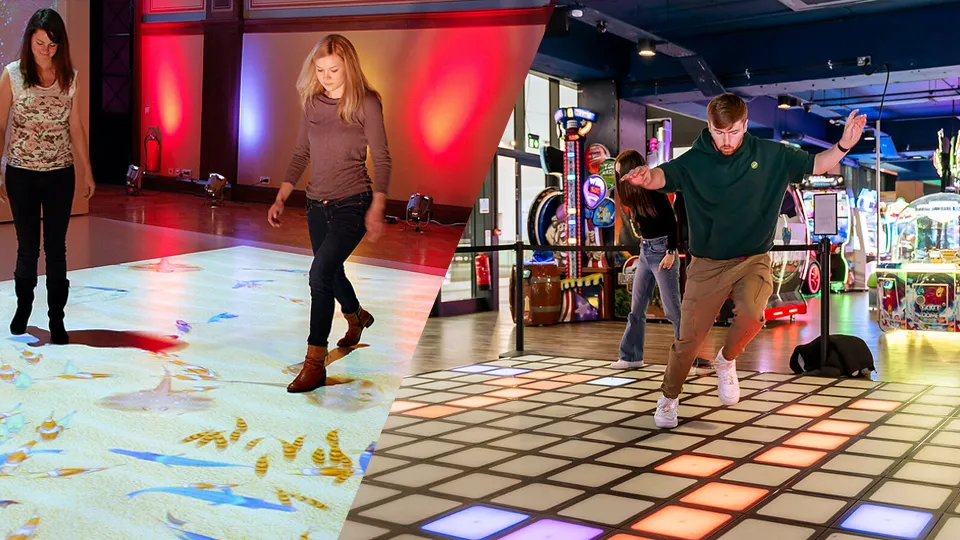 Comparison showing Vitcor Interactive Game Floor’s foot-controlled multiplayer experience versus projection-only floors
