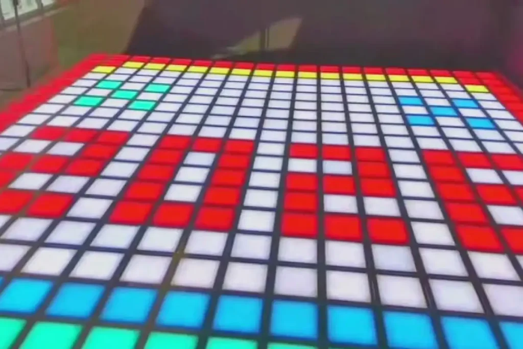 A collage of various game modes on an interactive floor, including agility challenges and pixel-based puzzle games.