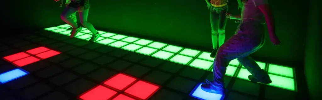 activate games cost system components with LED floor sensors and game control hardware