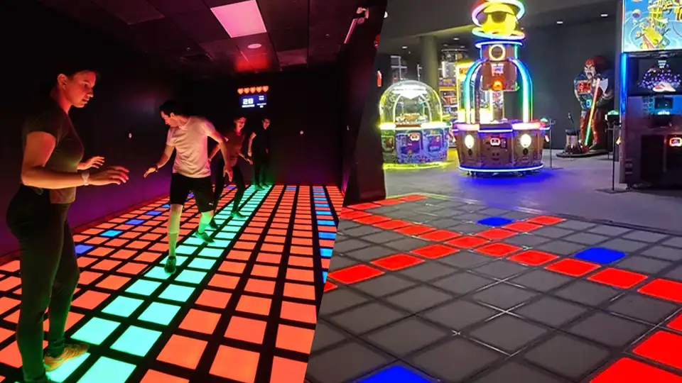 Comparison table showing the differences between Activate-style challenge rooms and modular interactive LED game floors in terms of cost, space, and scalability.