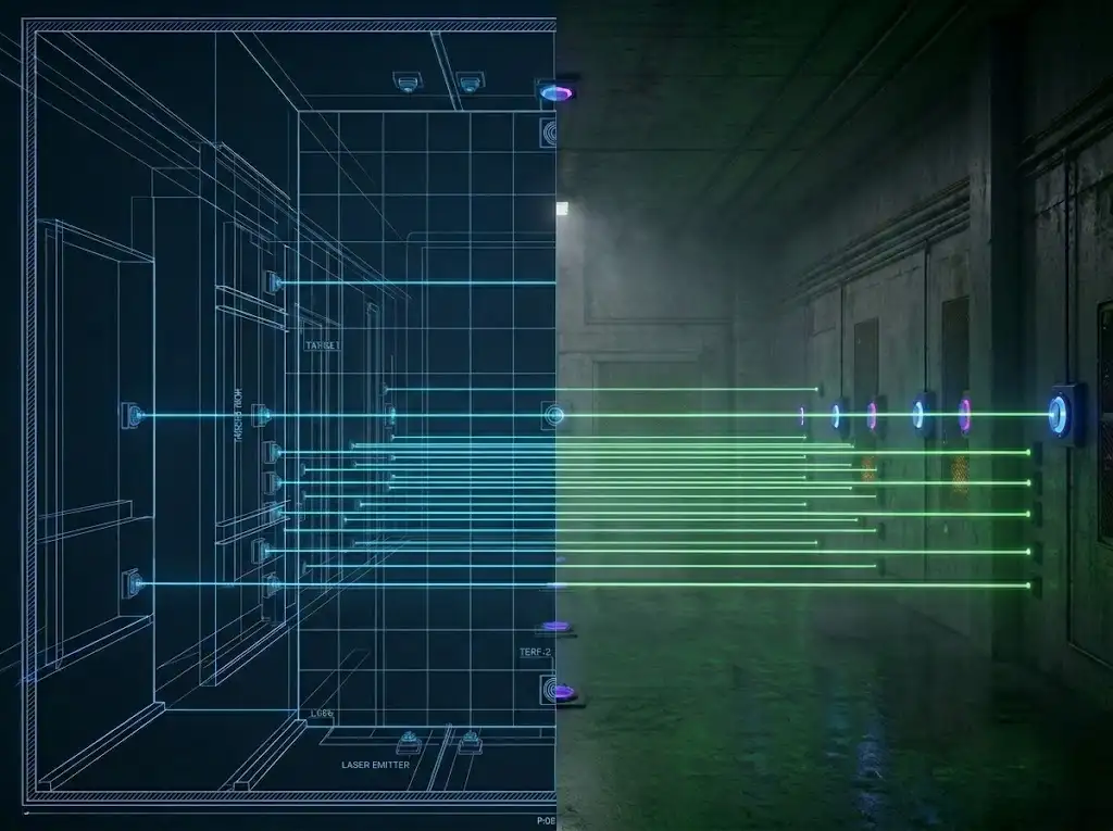 Factory-direct custom CAD layout and hardware design for complex interactive laser maze systems.