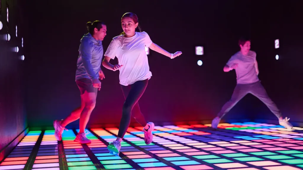 interactive game floor system used for active gaming with LED tiles and multiplayer gameplay