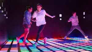 interactive game floor system used for active gaming with LED tiles and multiplayer gameplay