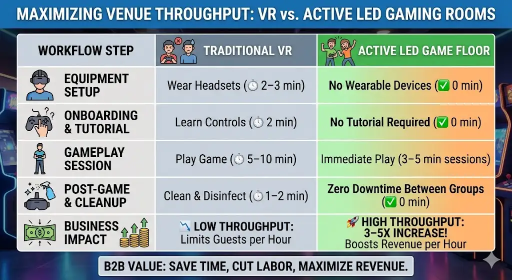 B2B comparison chart showing the workflow and business impact of Traditional VR versus an Active LED Game Floor. The table highlights that VR requires 5-7 minutes of setup and cleaning time per session, limiting guests per hour. In contrast, the Interactive LED Game Floor requires zero wearables, no tutorials, and zero downtime, resulting in a 3-5x increase in venue throughput and higher revenue.