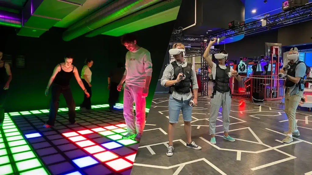 activate games vs vr comparison showing active gaming room and virtual reality headset experience 图片内容：