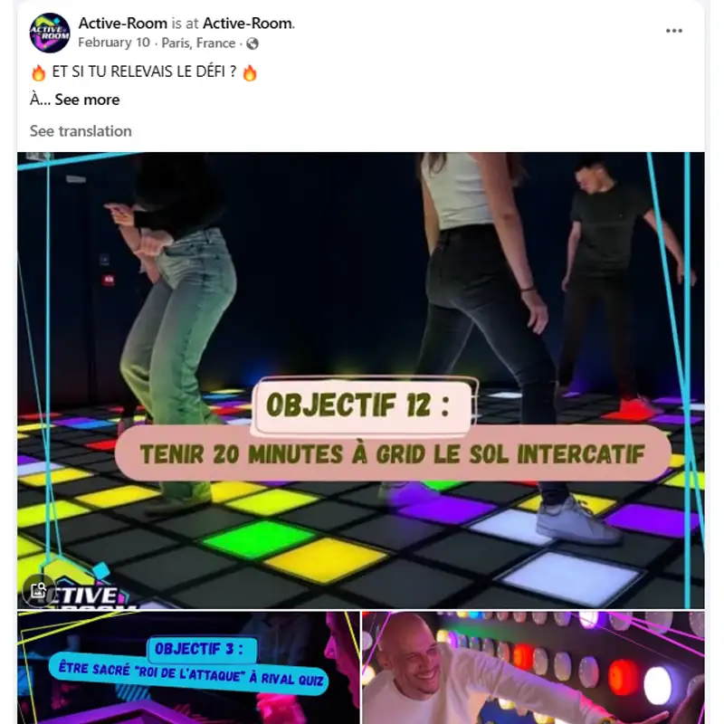 Public Facebook update from Active-Room in Paris, France, showing the active gaming room grid in operation.