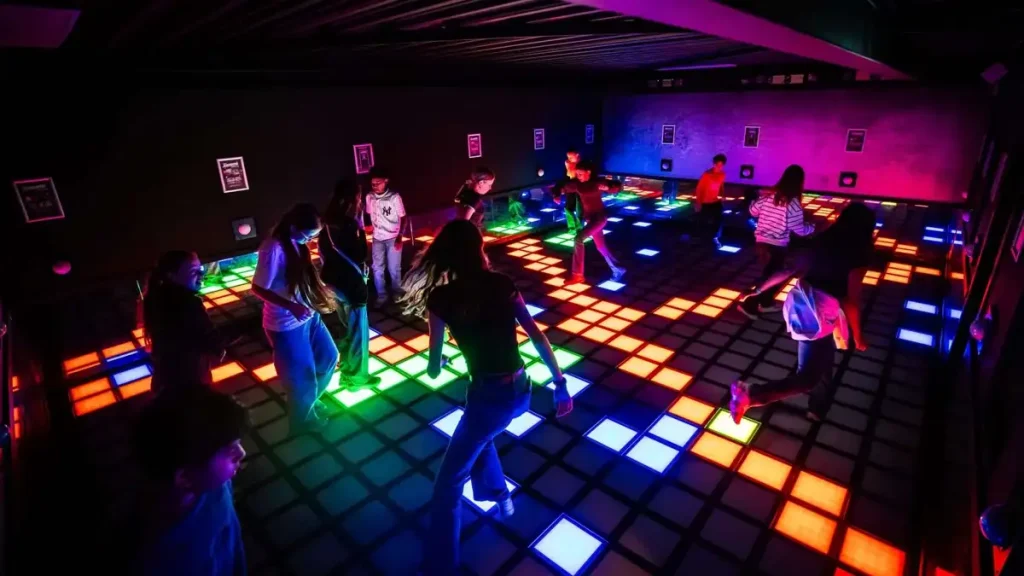 Best Interactive Attractions for FEC Venues (2026 Guide) 5 Large group of players on multicolor LED interactive floor inside a commercial active gaming venue showing FEC attraction investment potential