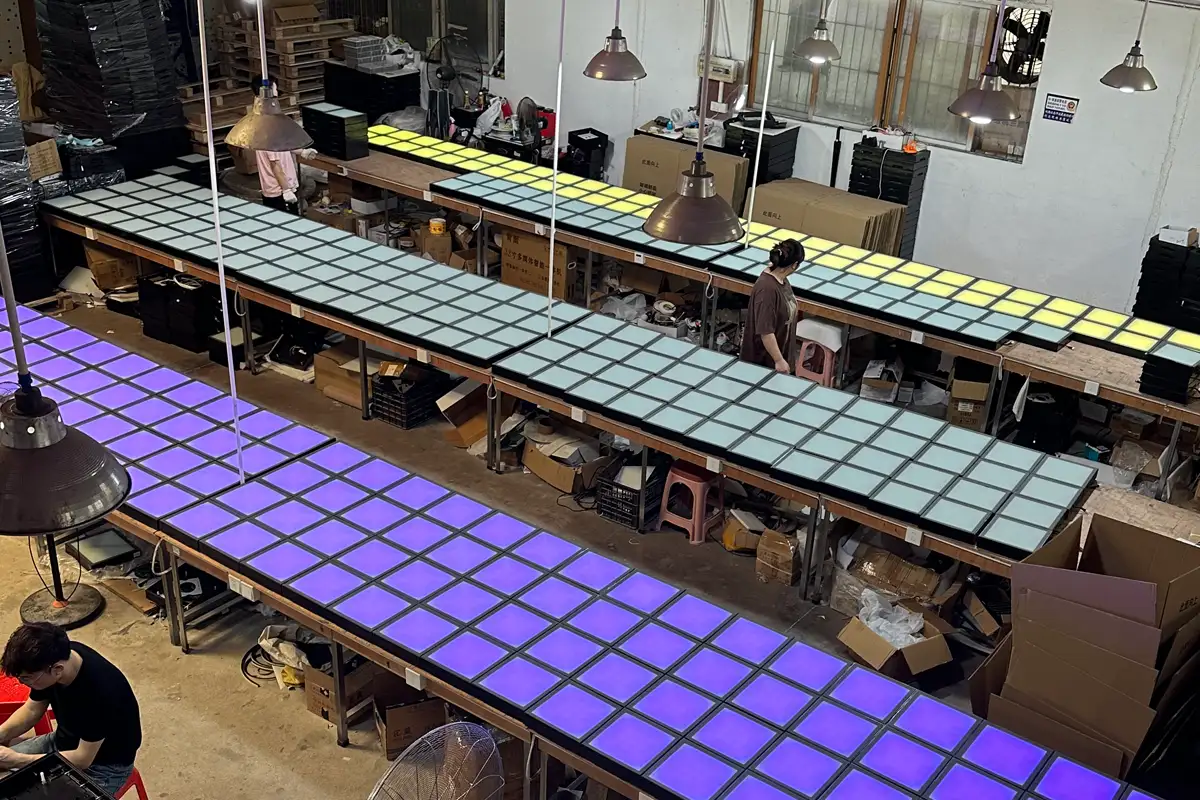 Interactive game floor manufacturer factory Factory workshop where an interactive game floor manufacturer assembles commercial floor modules