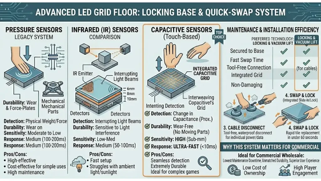 Interactive Game Floor Price Guide: Factory MOQ, OEM Options & Buying Tips for FEC Owners (2026) 6 sensor options for wholesale interactive game floor systems including pressure infrared and capacitive sensors