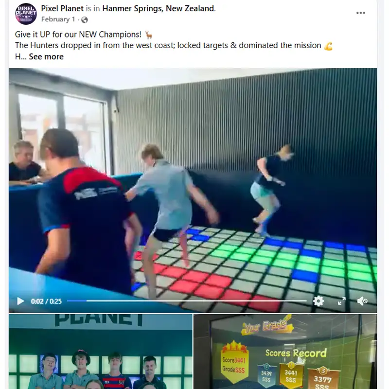 Public Facebook post from Pixel Planet in New Zealand showcasing players breaking records on the interactive game floor grid.