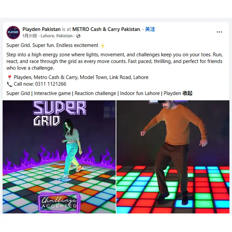 Facebook check-in post from Playden Pakistan at METRO Cash & Carry showcasing the active gaming floor attraction in a premium commercial location.