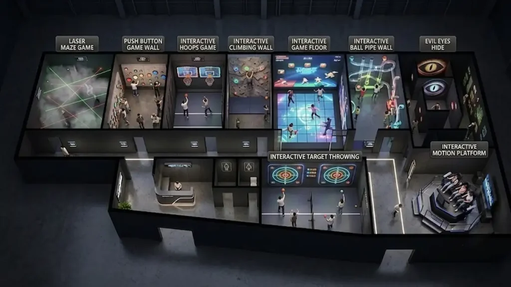 Interactive Game Floor Price Guide: Factory MOQ, OEM Options & Buying Tips for FEC Owners (2026) 3 wholesale interactive game floor project layout for shopping mall FEC with support columns and traffic flow planning