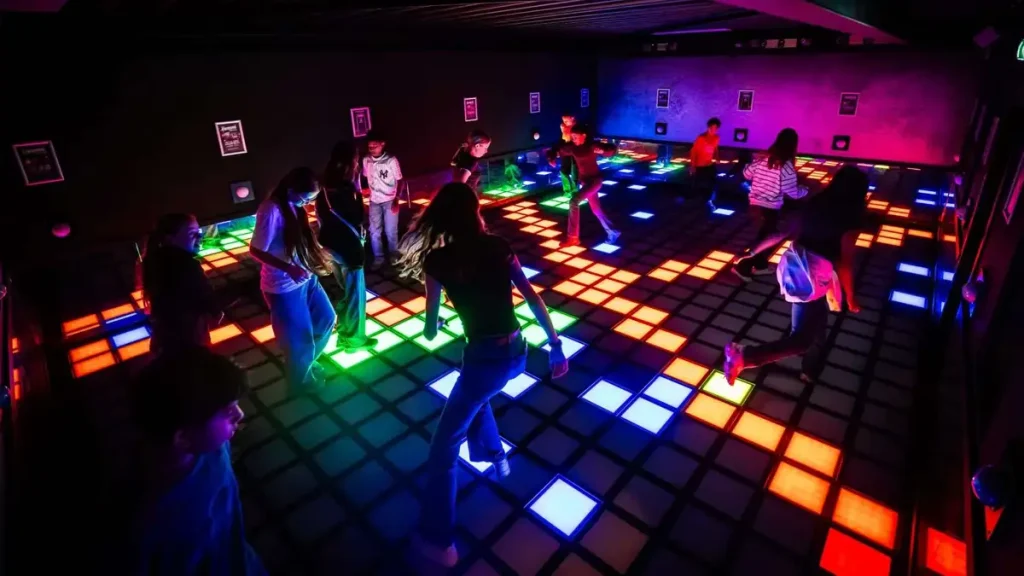 Active Gaming Room vs Activate Games Franchise: What FEC Operators Should Know (2026) 2 Bird eye view of large active gaming room showing more than 10 players simultaneously on colorful LED floor grid tiles in a commercial FEC venue installation