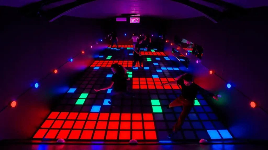 Active Gaming Room vs Activate Games Franchise: What FEC Operators Should Know (2026) 5 Large group of players including teenagers and adults competing together on multicolor LED interactive floor inside a commercial active gaming room showing high capacity group booking potential