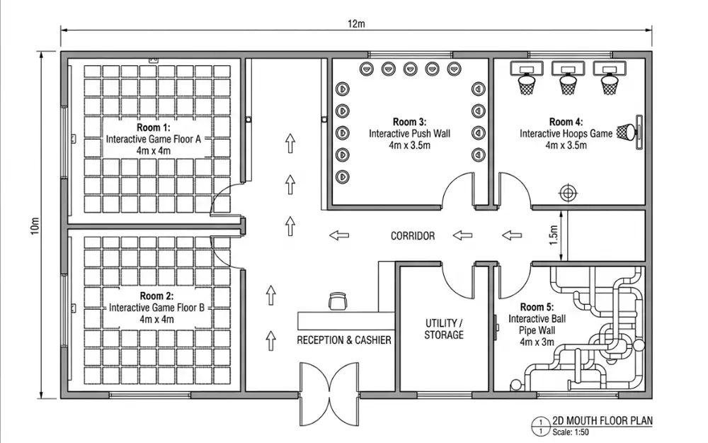 Custom 2D CAD layout design and space planning service for interactive game floor venues