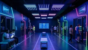 Interactive gaming room games with pixel floor laser maze Hide room and wall challenges