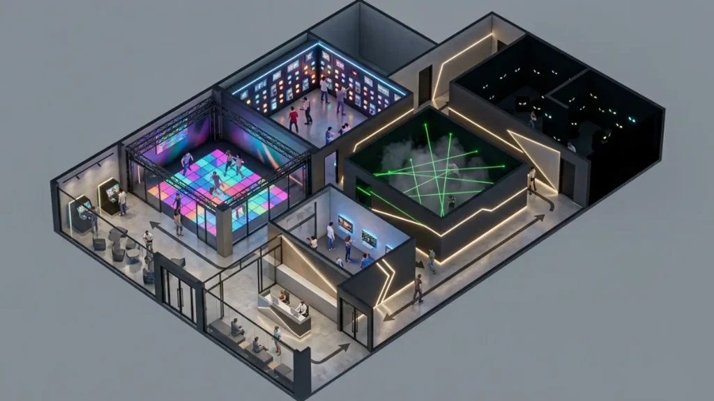 Interactive Gaming Room Layout: Design Guide for 200–500㎡ FEC Venues (2026) 3 Interactive gaming room layout plan for 200 to 280 sqm venue showing reception area and 4 room combination with player flow