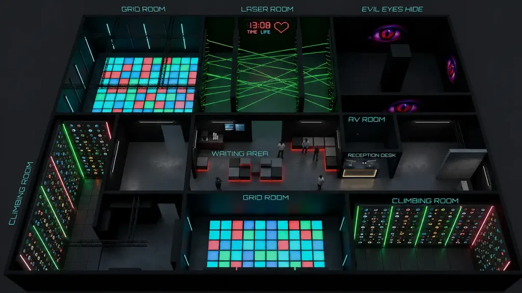 Commercial laser maze game combined with interactive game floor push button wall and climbing wall