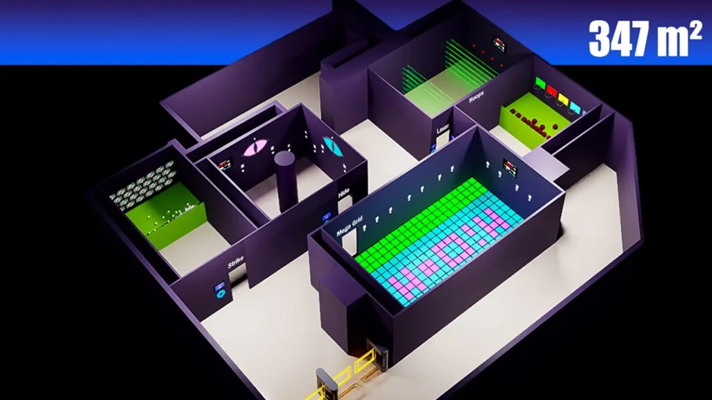 Push Button Game Wall: Commercial Reaction Room Guide for FECs (2026) 3 Active gaming venue layout showing a push button game wall room alongside interactive game floor and laser maze challenge areas
