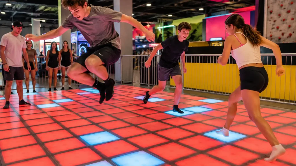 Interactive Game Floor for Gyms and Fitness Centers: The Active Entertainment Opportunity (2026) 1 Interactive LED game floor used for gamified group training in a fitness facility