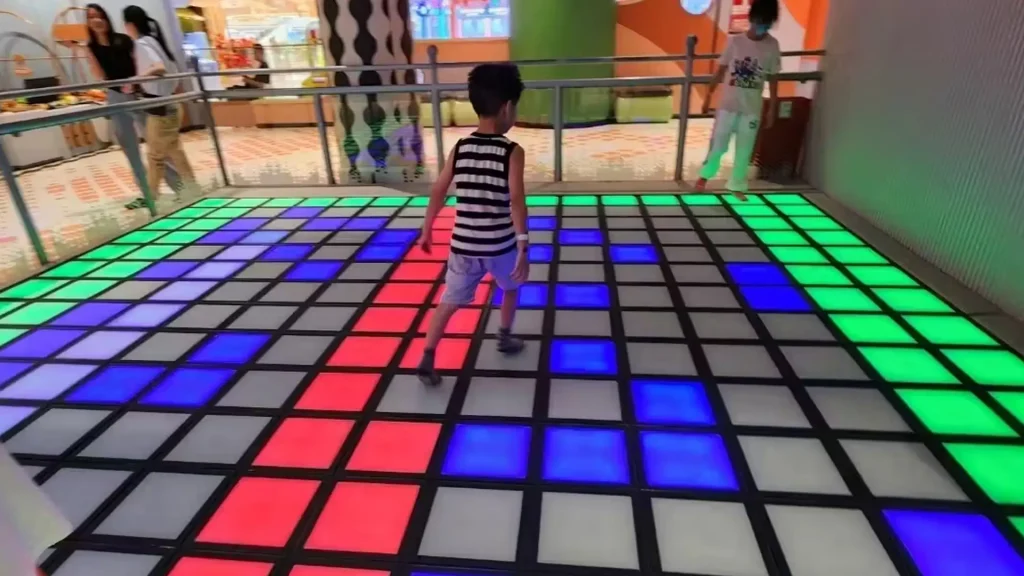 Interactive Game Floor for Shopping Malls: Layout, Foot Traffic & Business Case (2026) 4 LED grid floor configured for visibility from multiple viewing angles in a mall environment